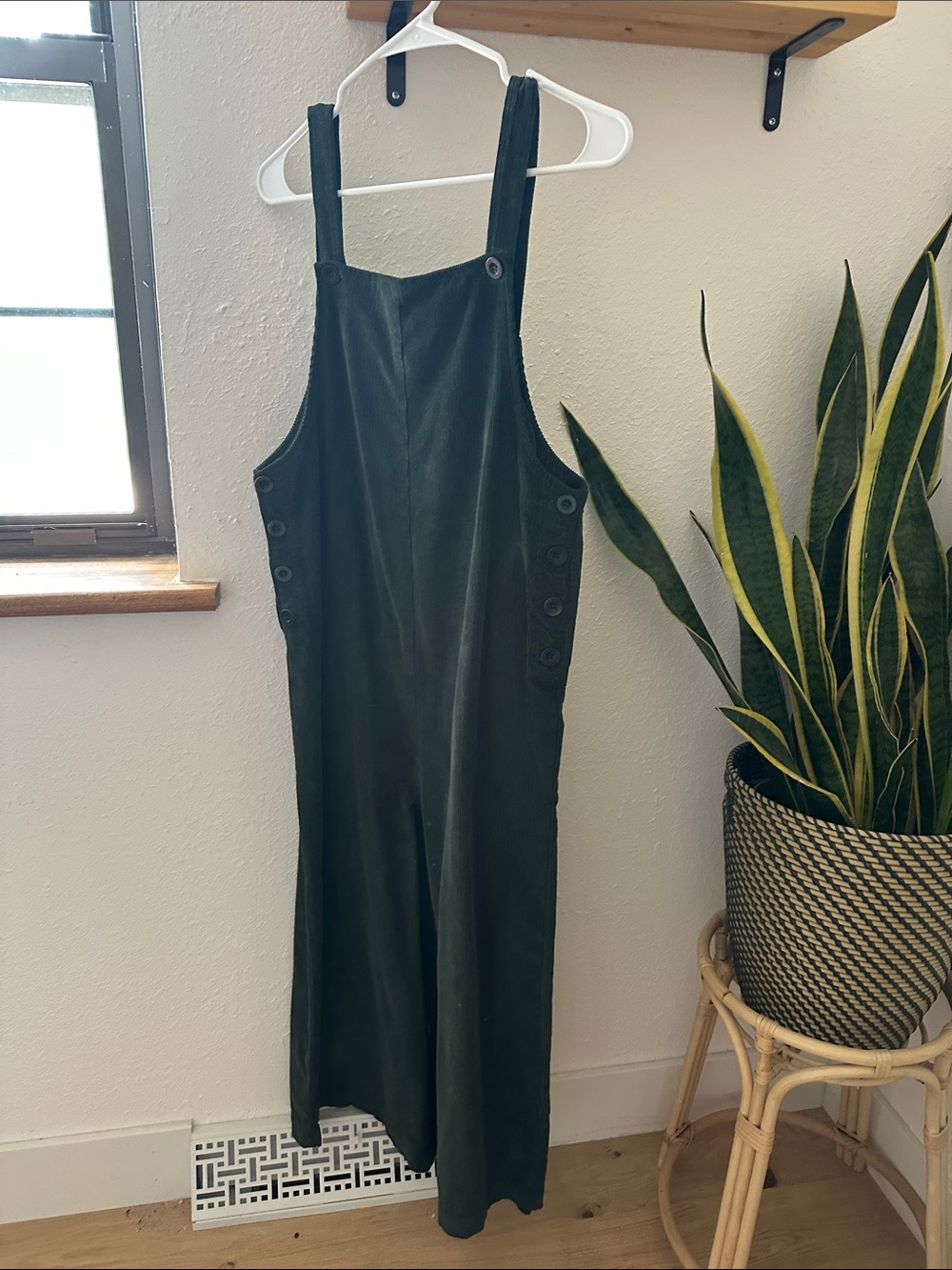 Dark Green Corduroy Wide-Leg Overalls Jumpsuit